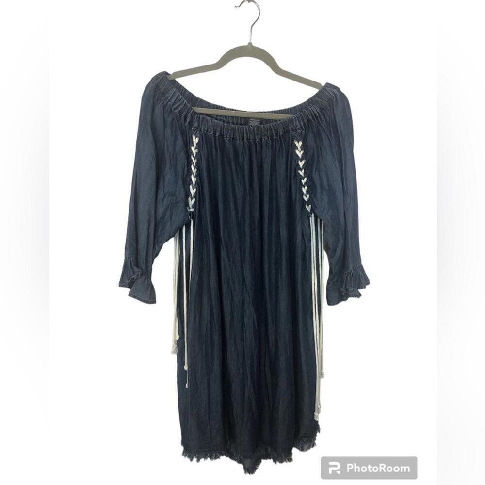 Chelsea & Theodore Women’s Dress Distressed “Denim” Lace Up Raglan Sleeves